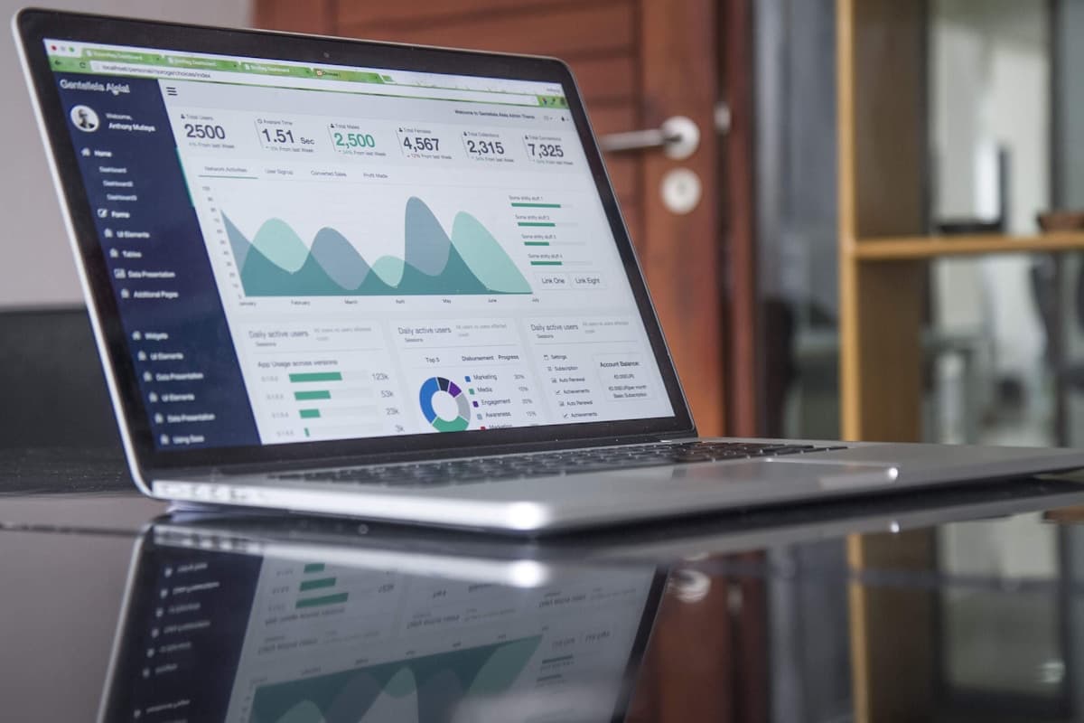 Business analytics dashboard and financial data on screens