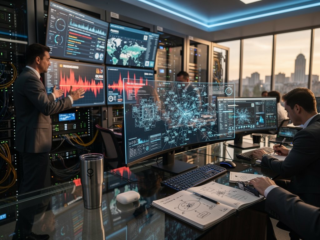 Cybersecurity engineers monitor Russia AI cyber attack threat alerts on multi-monitor setups in a high-tech operations center with glowing displays and collaborative desks