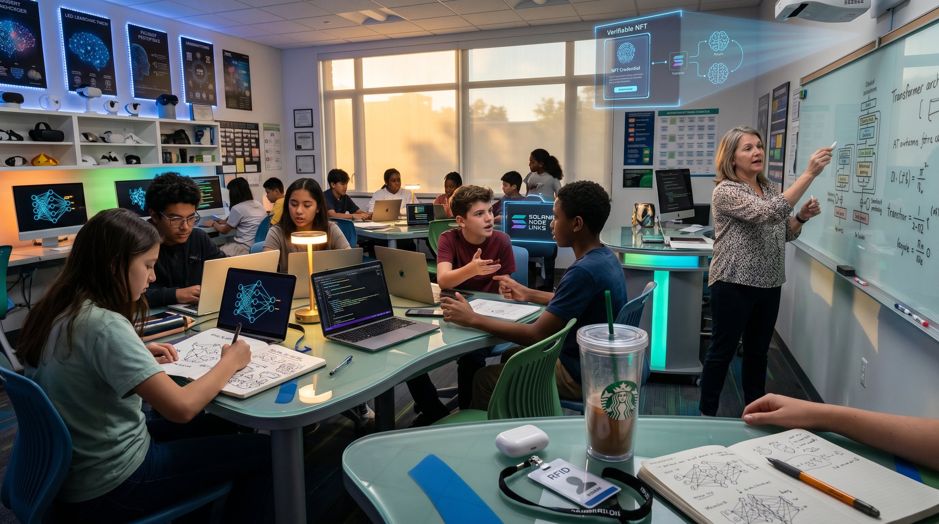 K-12 classroom with laptops showing AI and blockchain interfaces, holographic projections, and digital whiteboards in modern edtech setting