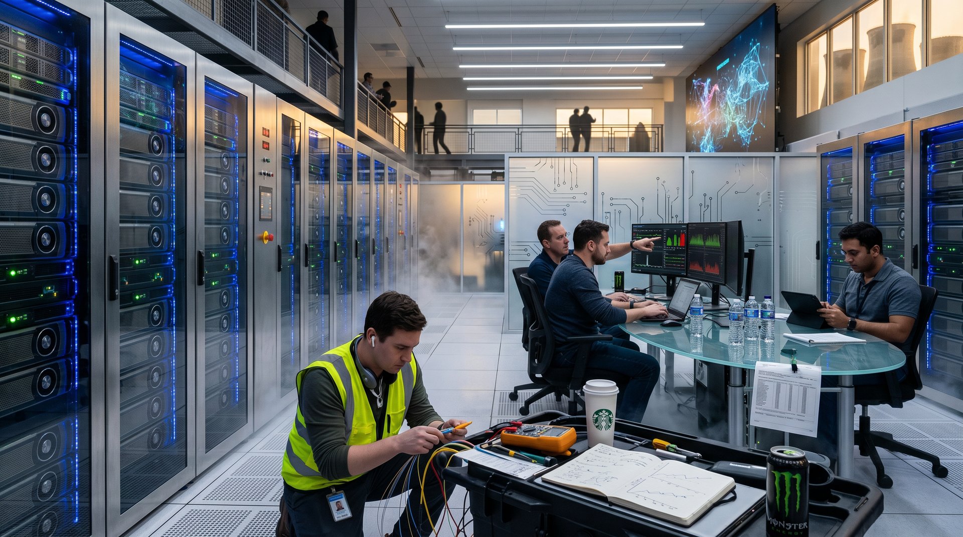Engineer inspects GPU server racks in busy Tier IV data center with monitors, technicians, and cooling systems active