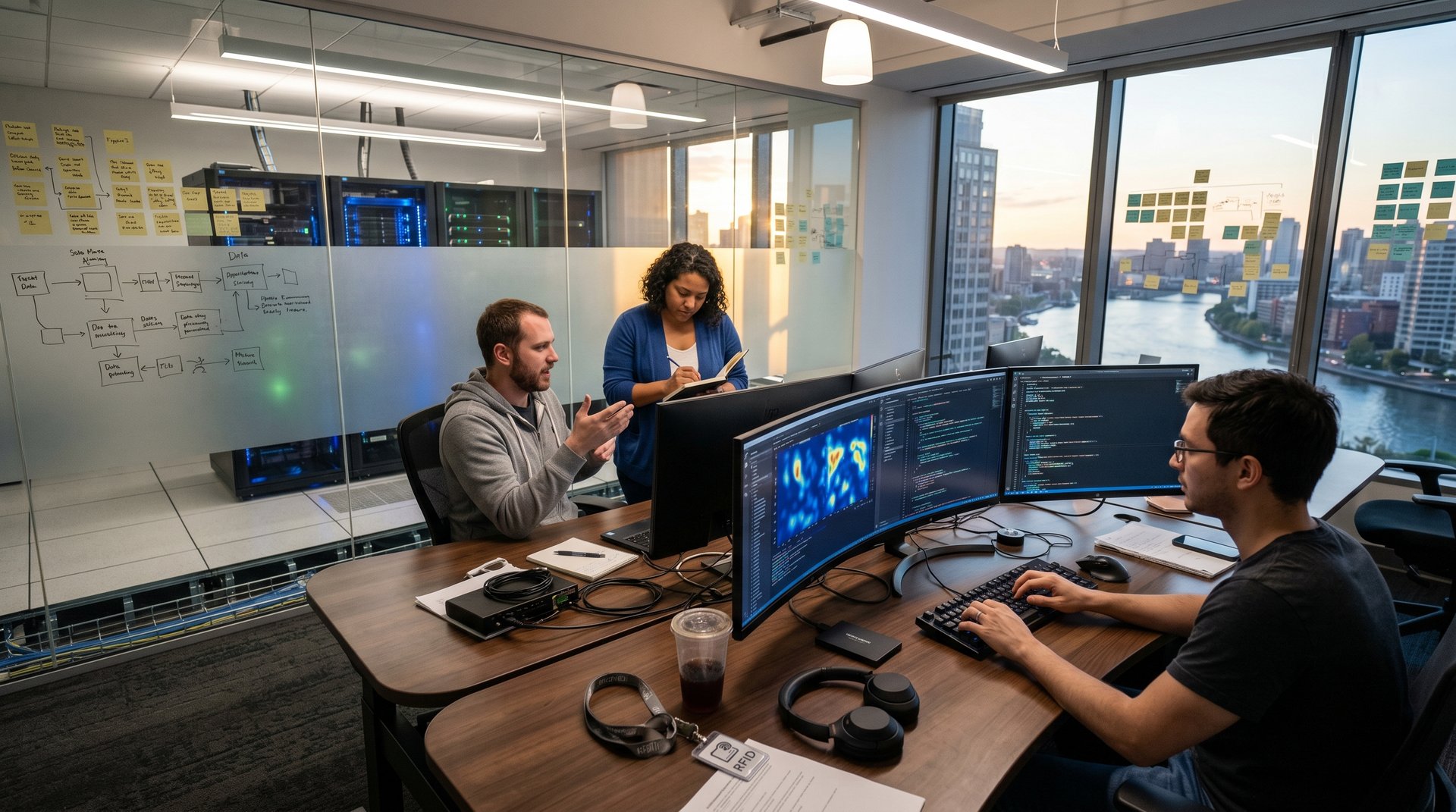 Monitors in AI lab displaying plain text code, JSON data, and model visualizations with server racks in background