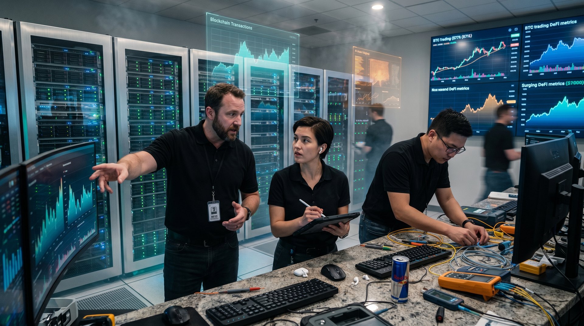 Futuristic data center with server racks, holographic AI agent dashboards, blockchain graphs, and crypto price screens amid glowing LEDs