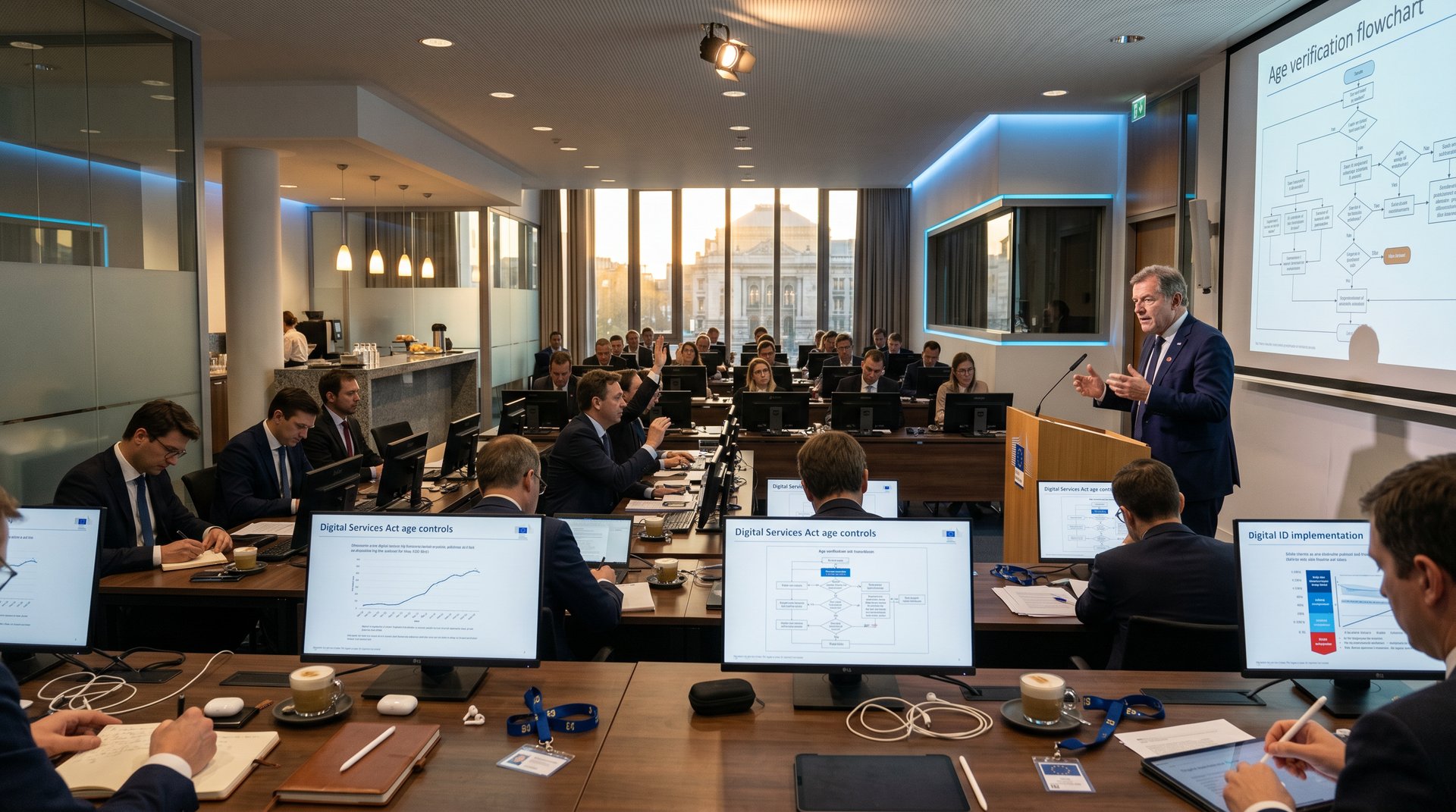 Brussels EU Commission room with monitors showing DSA age controls slides, glass partitions, podium, and natural light overlooking parliament