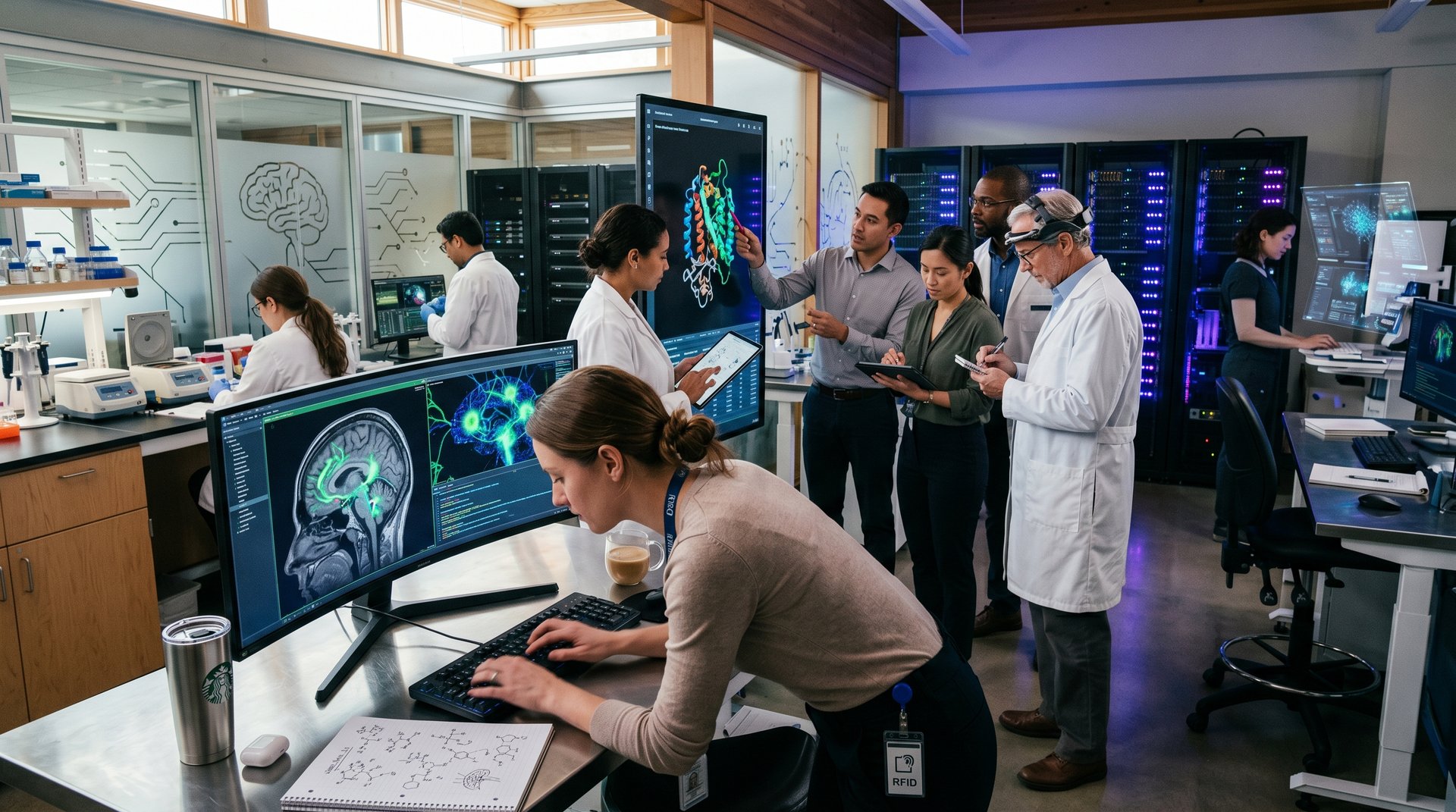 AI researchers analyze brain MRIs and protein models in advanced neuroscience lab
