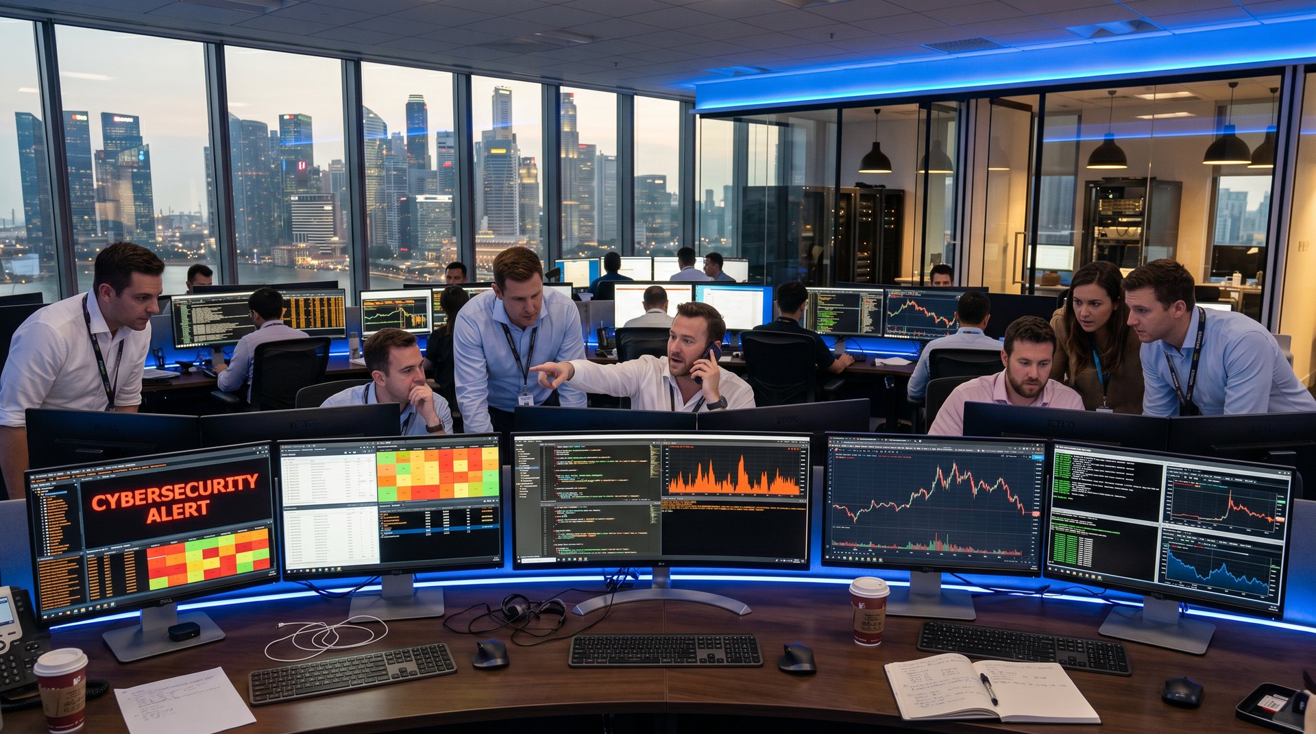 Modern trading floor monitors with cyber alerts, crypto charts, and code diffs amid fintech volatility