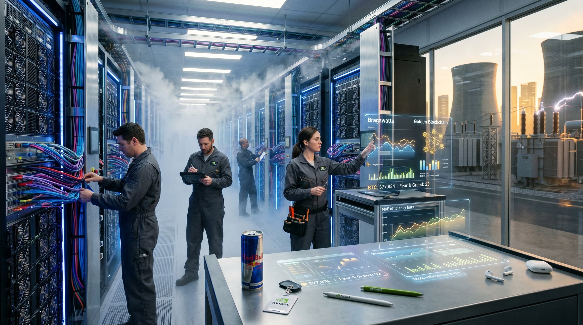 Glowing server racks and dashboards in high-tech data center monitoring AI power and blockchain metrics