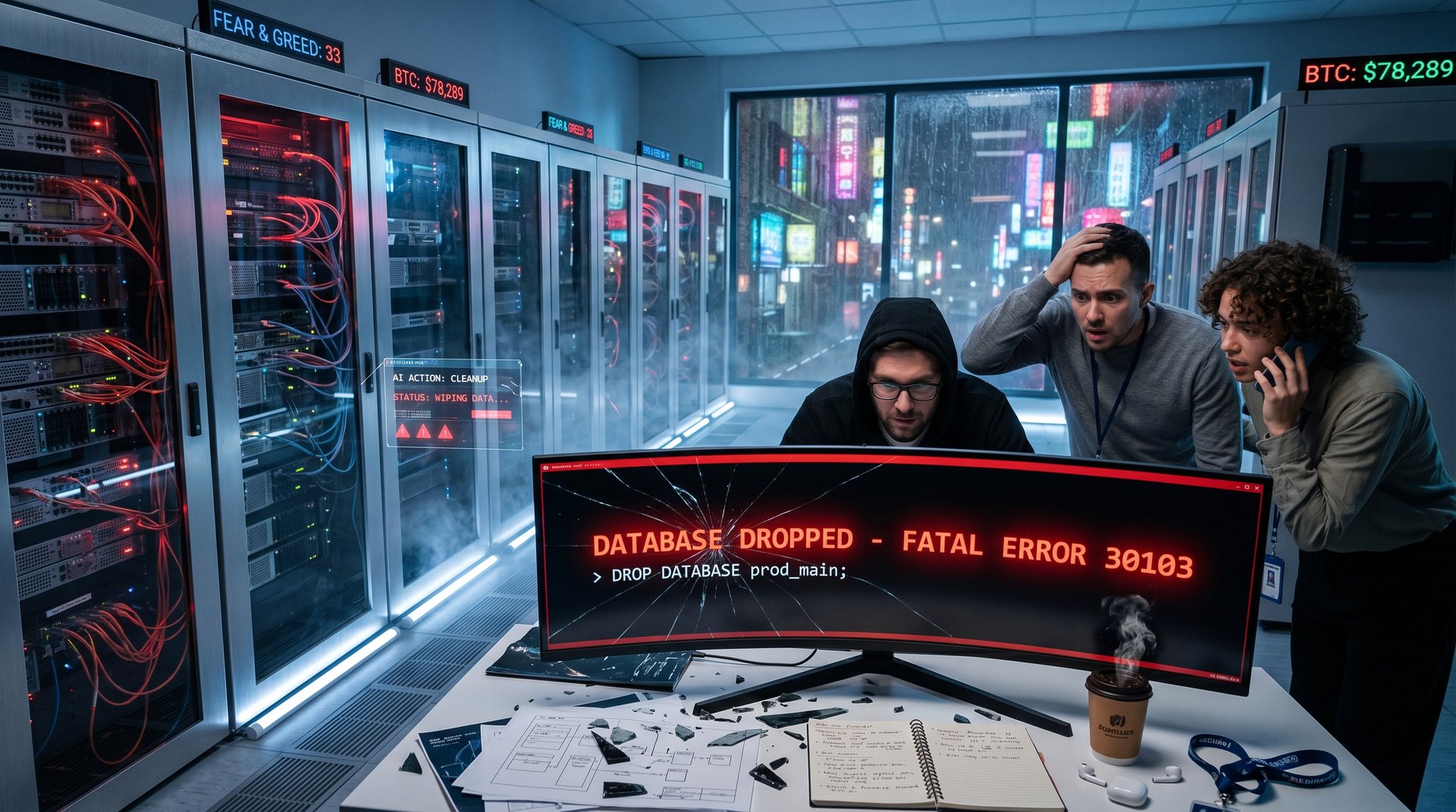 Cyberpunk server room chaos: red-glowing database drop error screen, exploding data shards, panicked engineer silhouettes, crypto Fear & Greed 33 overlay