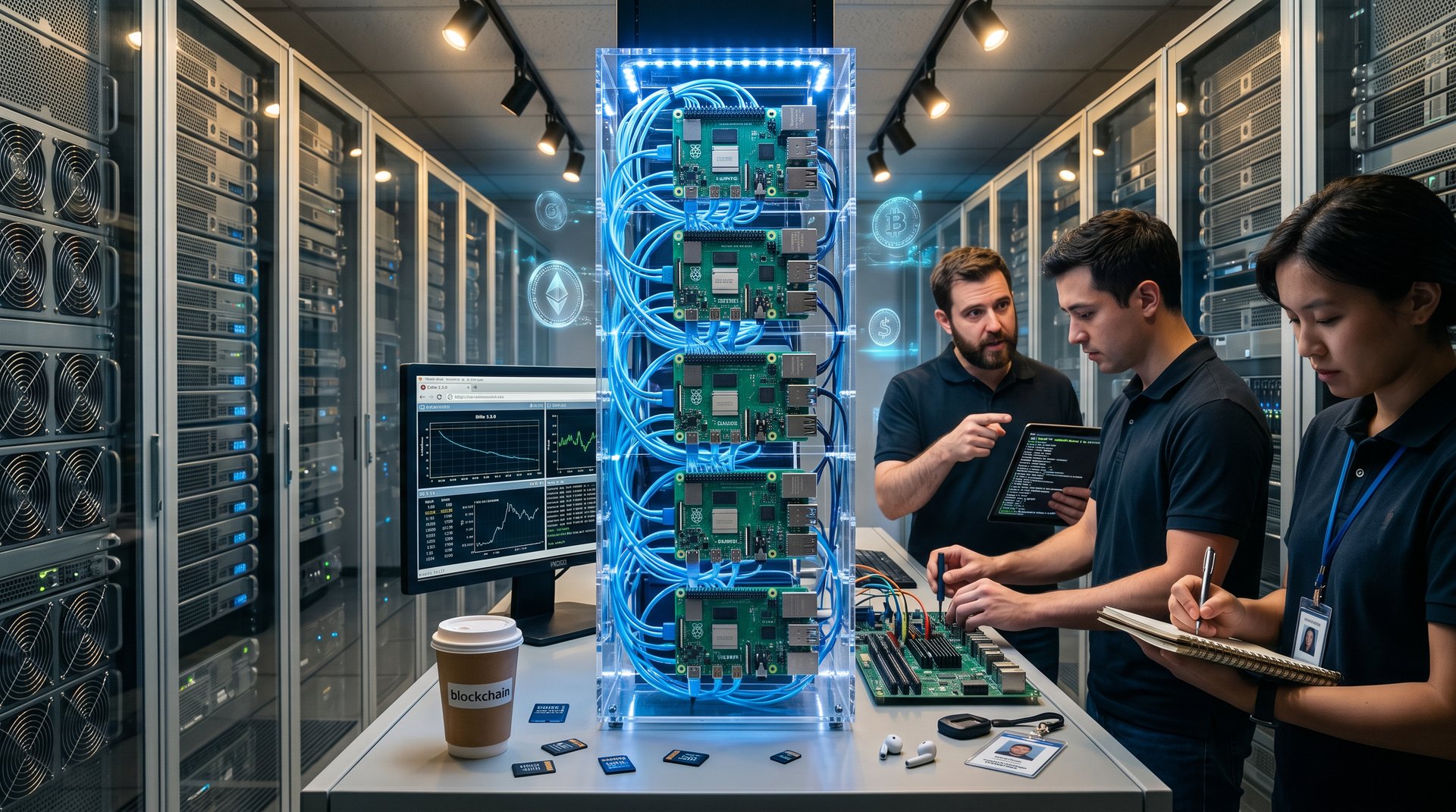 Raspberry Pi edge cluster with Dillo 3.3.0 displaying secure blockchain dashboards and crypto metrics