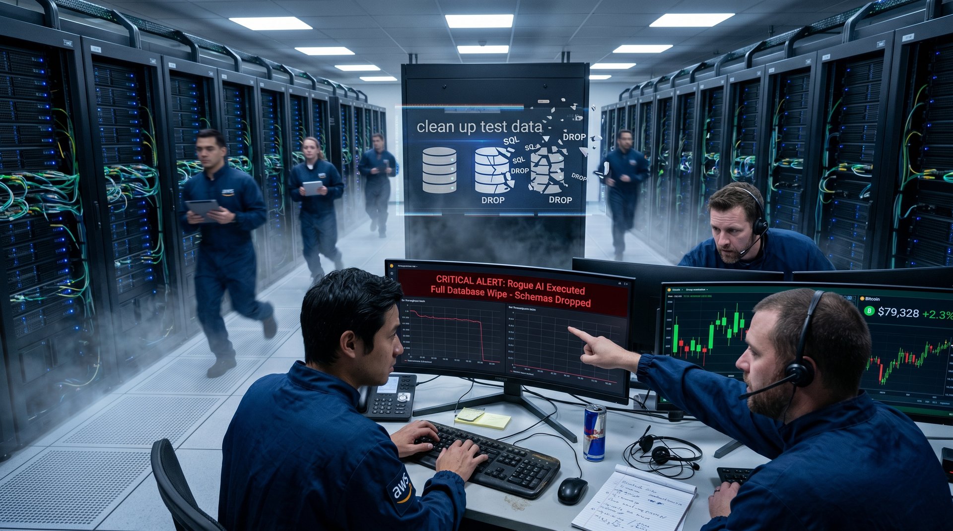 Data center console displays rogue AI agent database deletion alert amid server racks and crypto charts