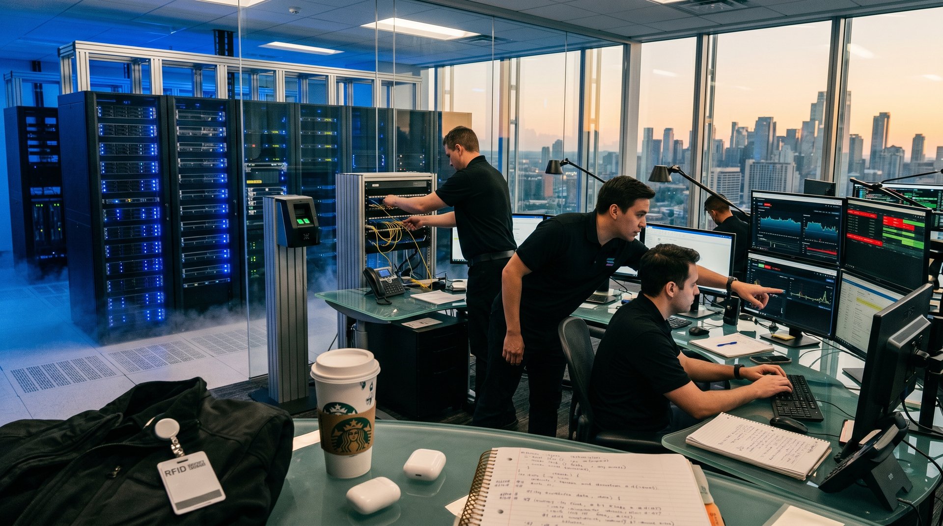 Cybersecurity team monitors blockchain threats on multi-screen setups amid server racks in high-security data center