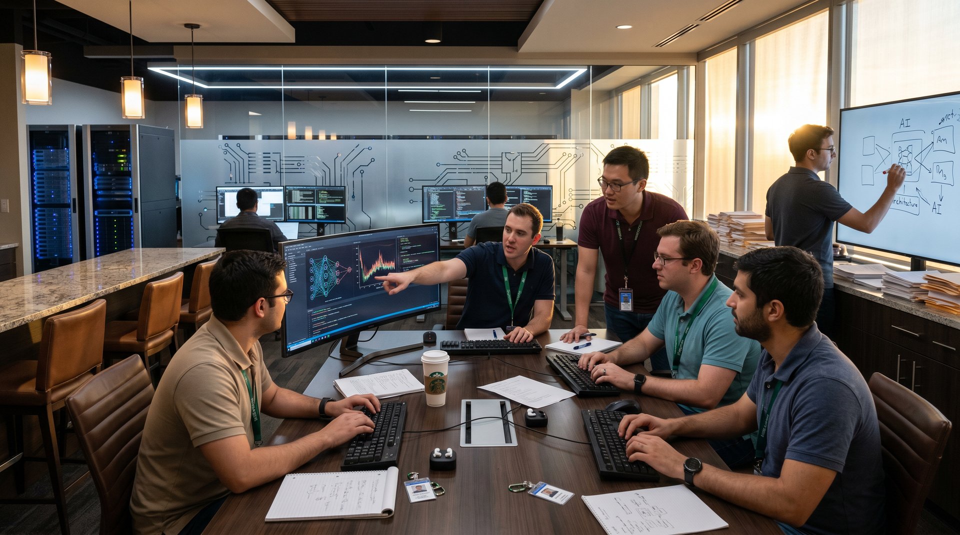 Modern AI lab with monitors displaying neural networks, server racks, and collaborative workspaces