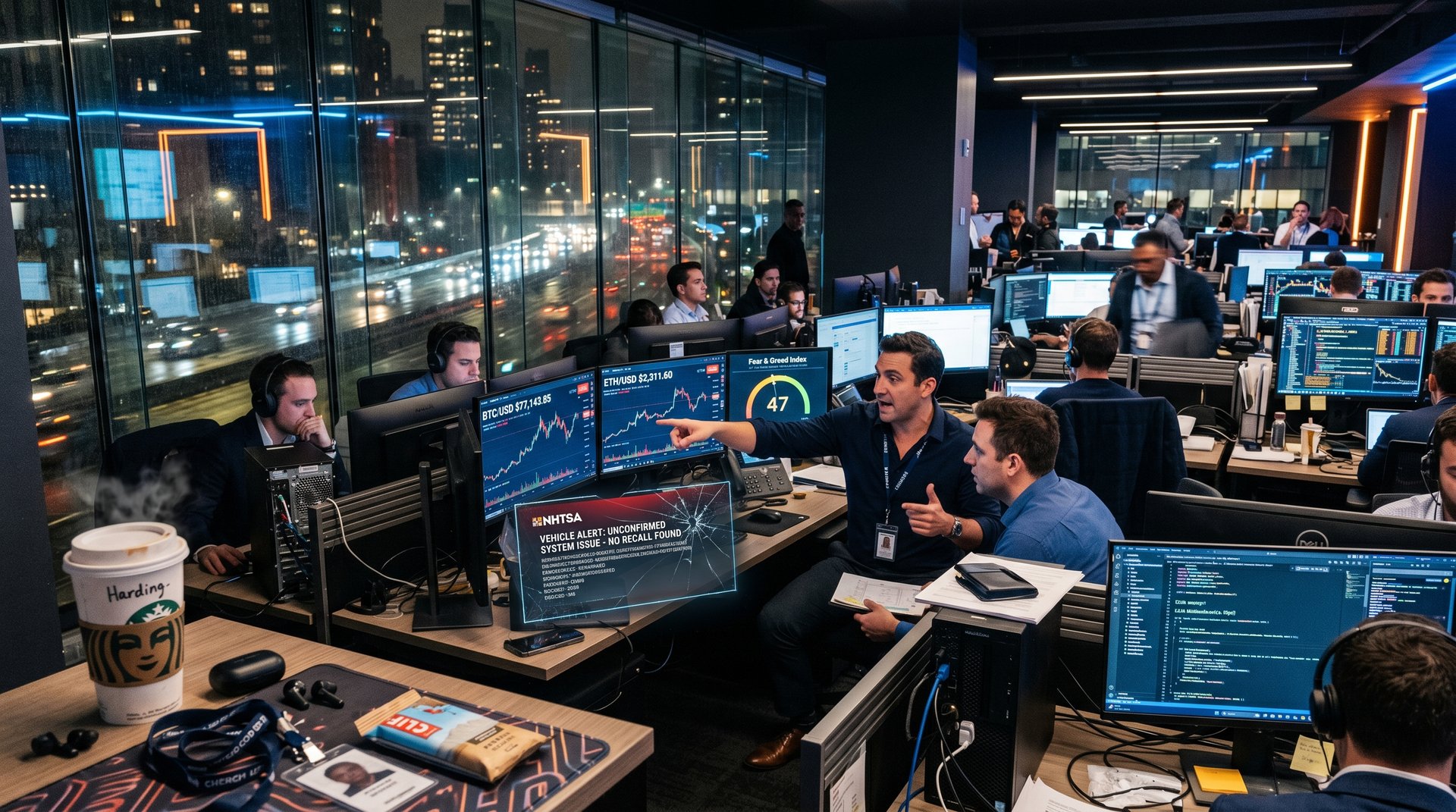 AI hallucination glitch on car dashboard and fintech charts with BTC prices and Fear & Greed Index