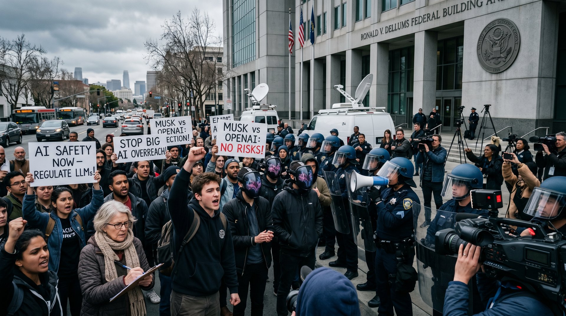 Oakland courthouse with 300 protesters against AI during Musk-OpenAI trial, neural security shields and firewalls overlaid