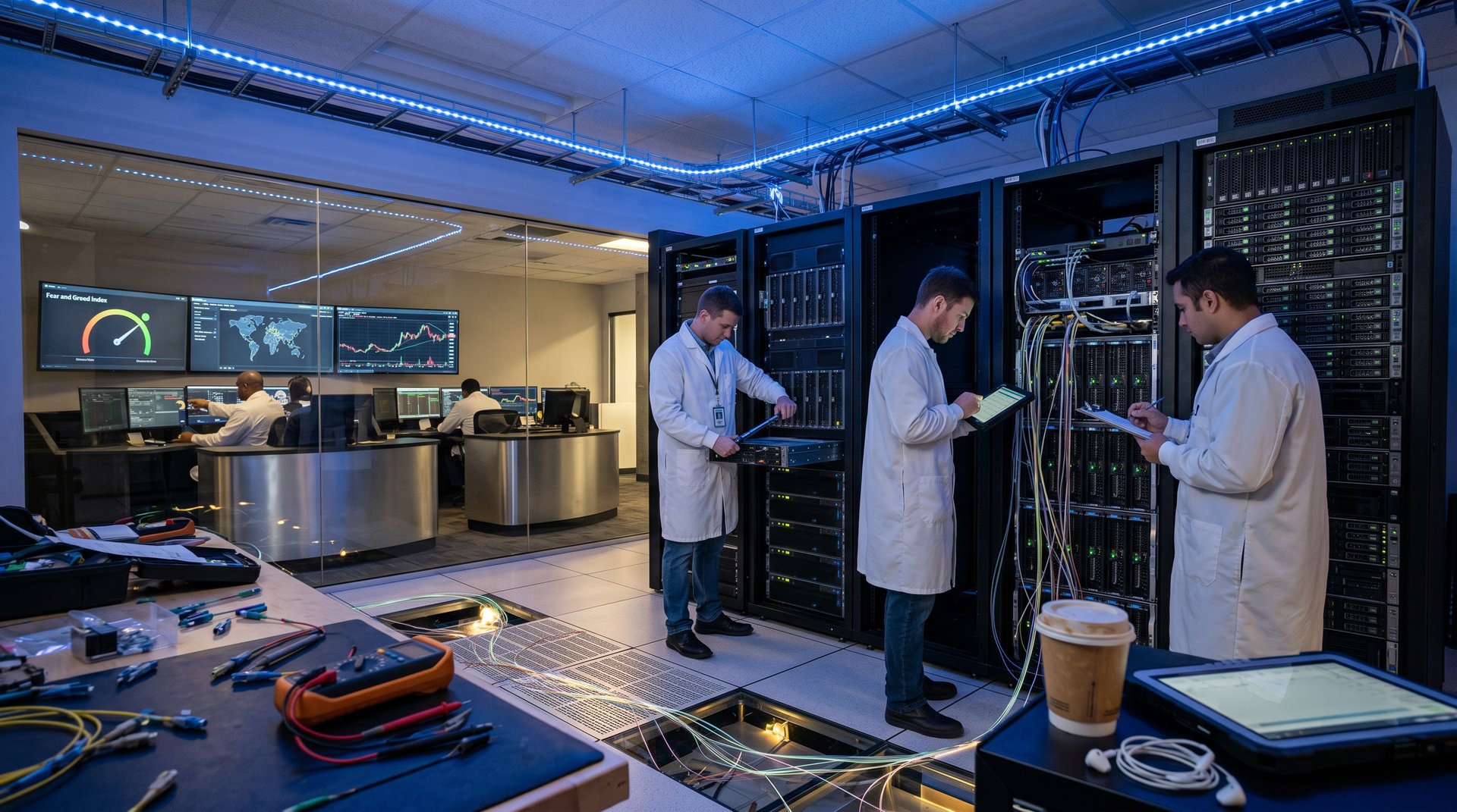 AWS data center with engineer adjusting AI server racks and security dashboards