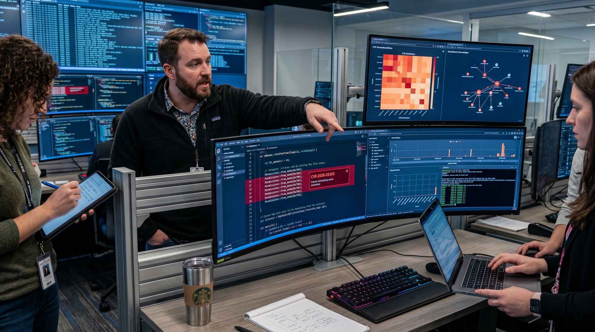 Cybersecurity team analyzes Rust uutils CVEs on multi-monitor workstations in modern SOC with code snippets and vulnerability maps