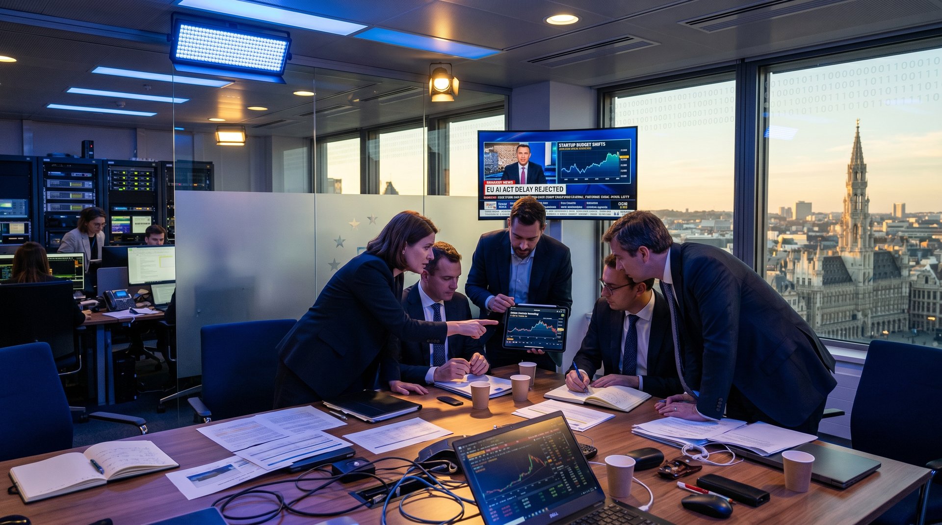 EU Commission briefing room with table, documents, screens, and blurred policy debate on AI Act