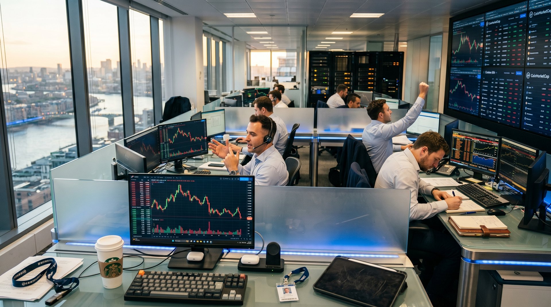 Trading floor analysts monitor XRP and Cardano price charts on multi-screen setups amid live crypto market data