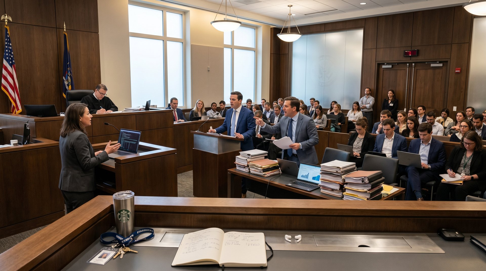 Modern federal courtroom during intense AI trial testimony: witness stand, lawyers with documents and laptops, journalists in gallery, flags and seals under bright lights