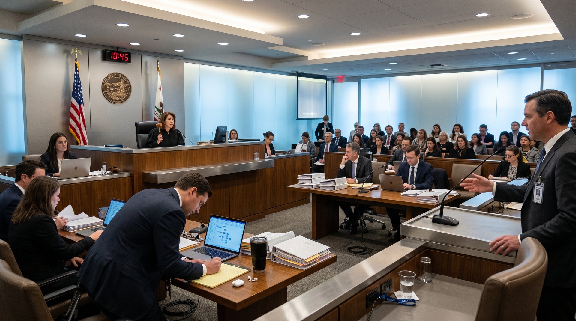 San Francisco courtroom during OpenAI trial featuring witness stand, counsel tables with documents, and attentive observers