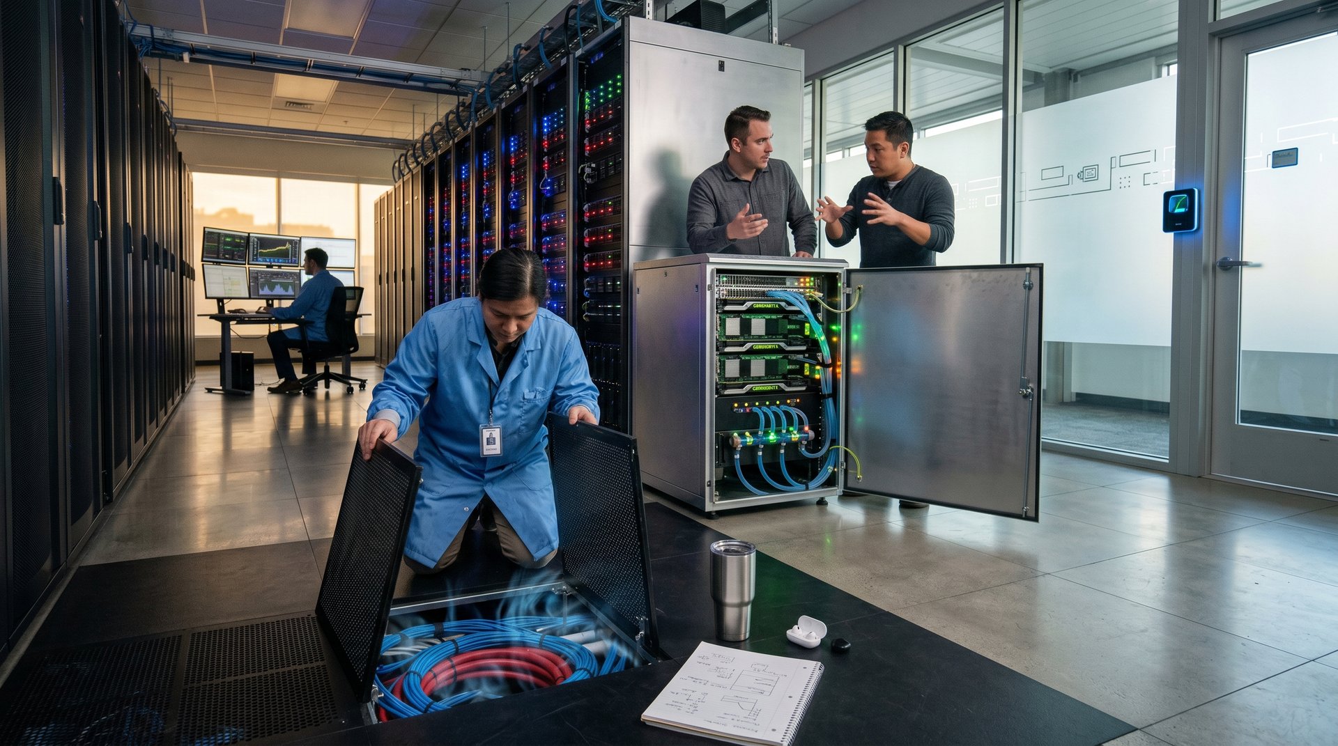 Technician lifts raised floor tile amid server racks with NVIDIA GPUs, liquid cooling, and Bloomberg monitors in Equinix data center