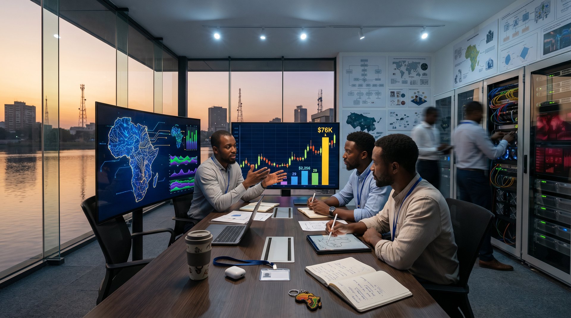 Neural networks map of Africa with blockchain ledgers, governance icons, server racks, and crypto charts in modern tech space