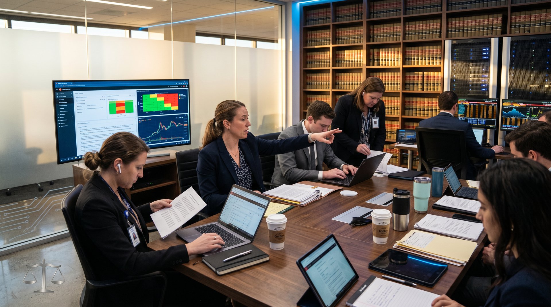 High-tech law firm conference room with Legal AI dashboards, contract analyses, and crypto charts on large screens amid secure servers and Bloomberg terminals