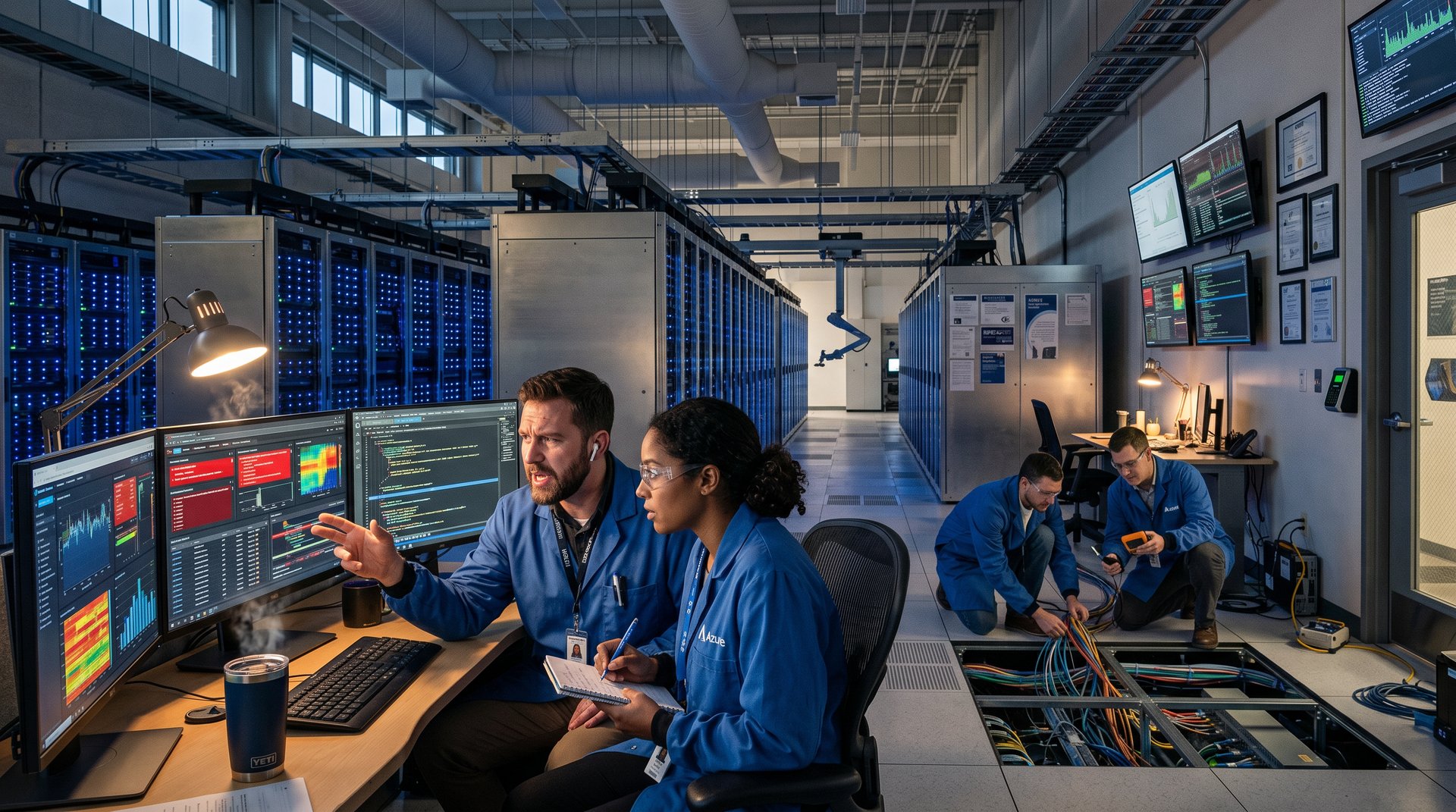 Engineers in Azure data center reviewing cyber threats on monitors amid server racks