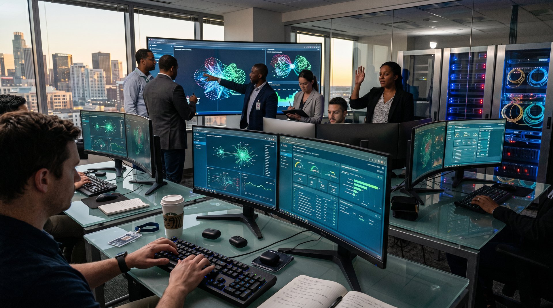Cybersecurity operations center analyzes agentic AI threats on multi-monitor setups amid server racks and dashboards