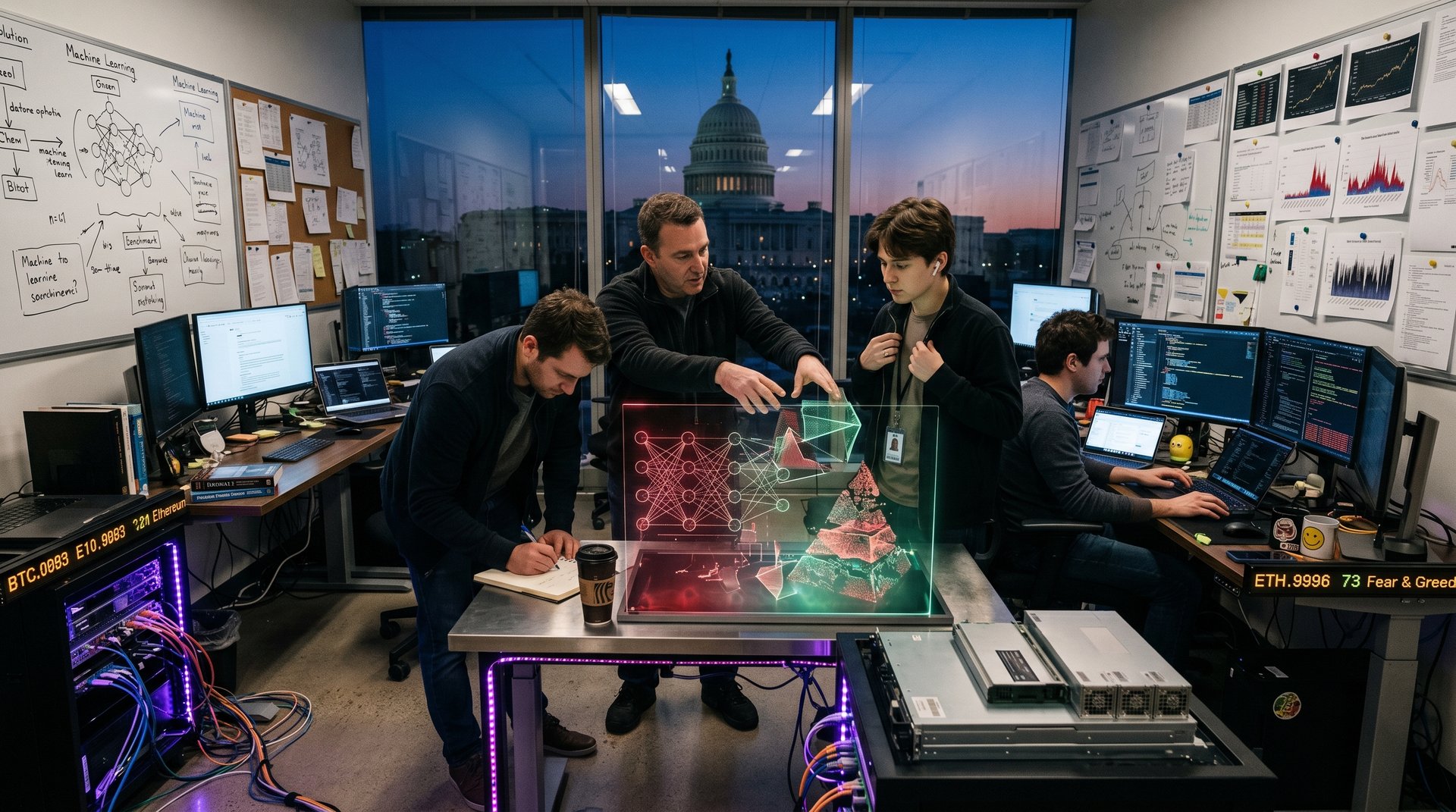 Neural networks and policy charts on digital dashboard in startup office with crypto tickers and Capitol silhouette