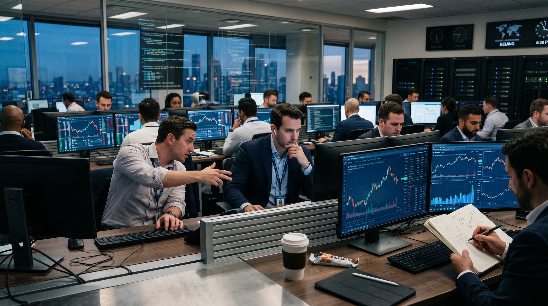 Fintech trading floor with crypto charts on multi-monitors, AI dashboards, and high-tech collaboration amid bustling energy