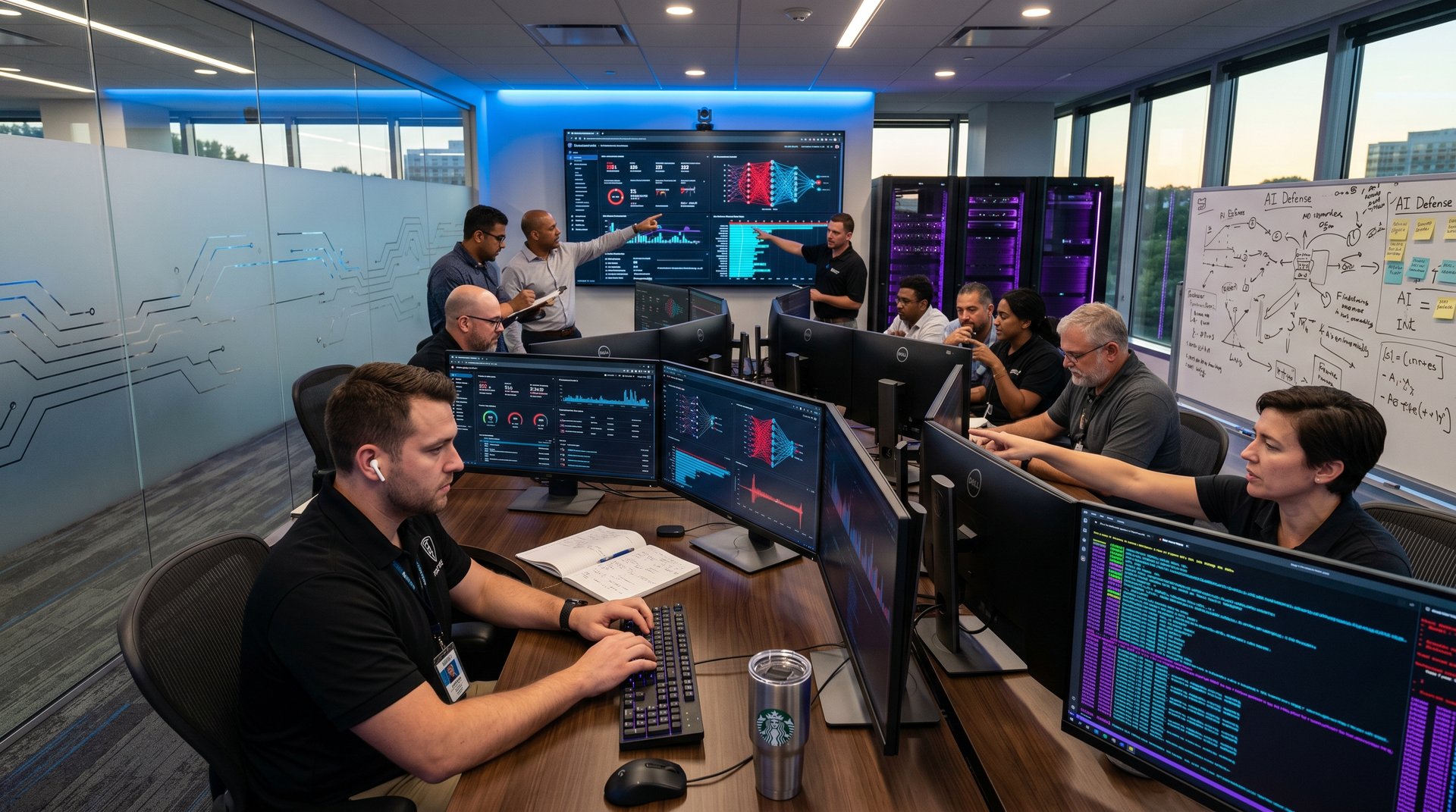 Team reviews AI cybersecurity dashboards in modern Connecticut ops center with servers and multi-screens.