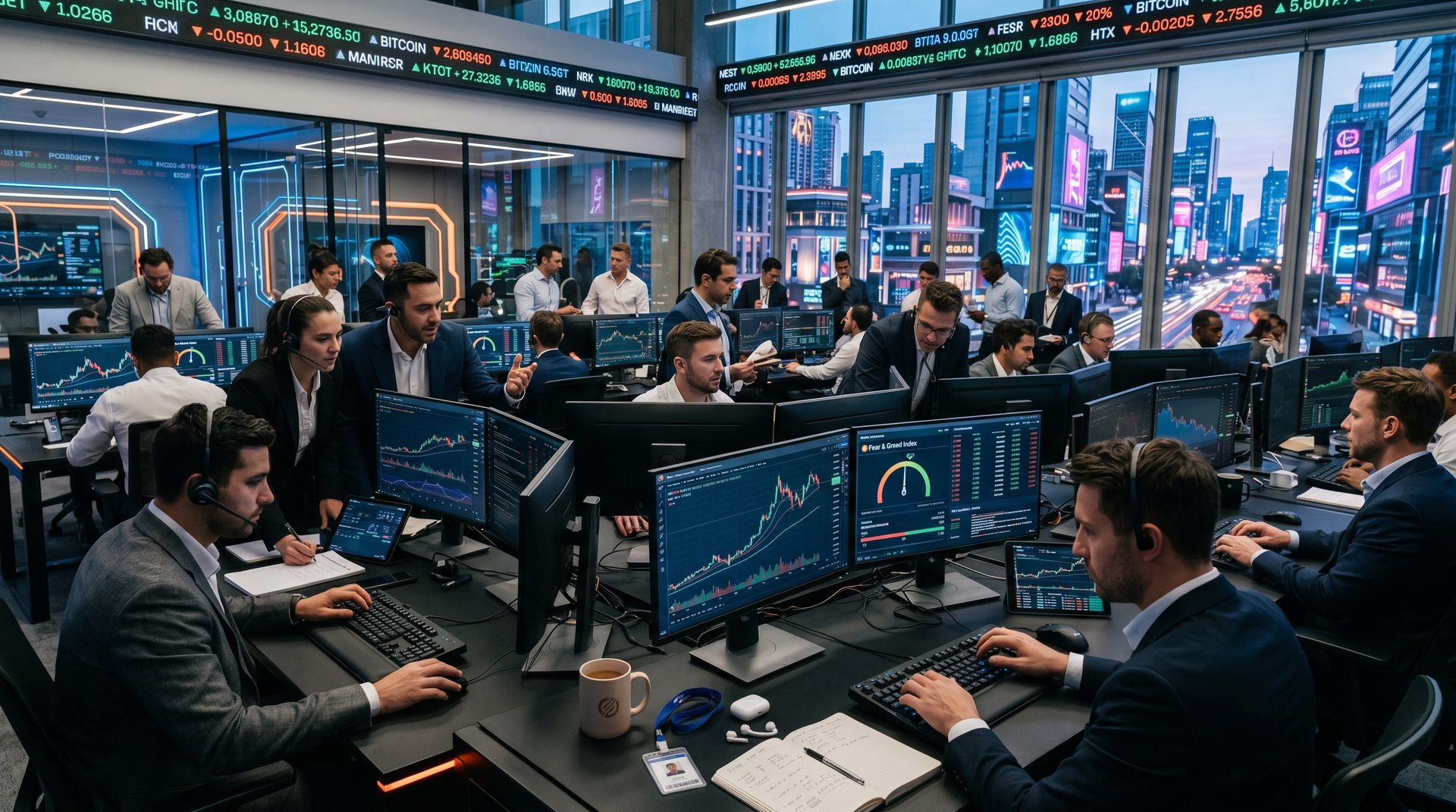 Fintech traders monitor Bitcoin price charts and Fear & Greed Index on multi-monitor setups in high-tech trading environment