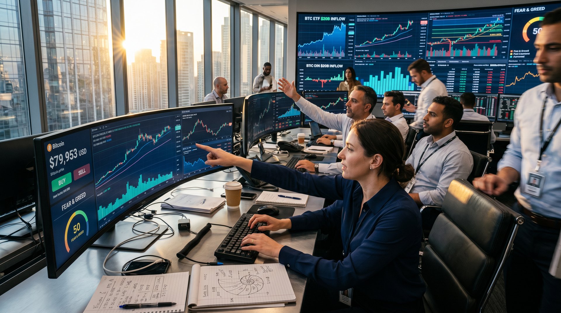 Trading floor analysts monitor Bitcoin price at $79,953, RSI signals, and market data on professional screens