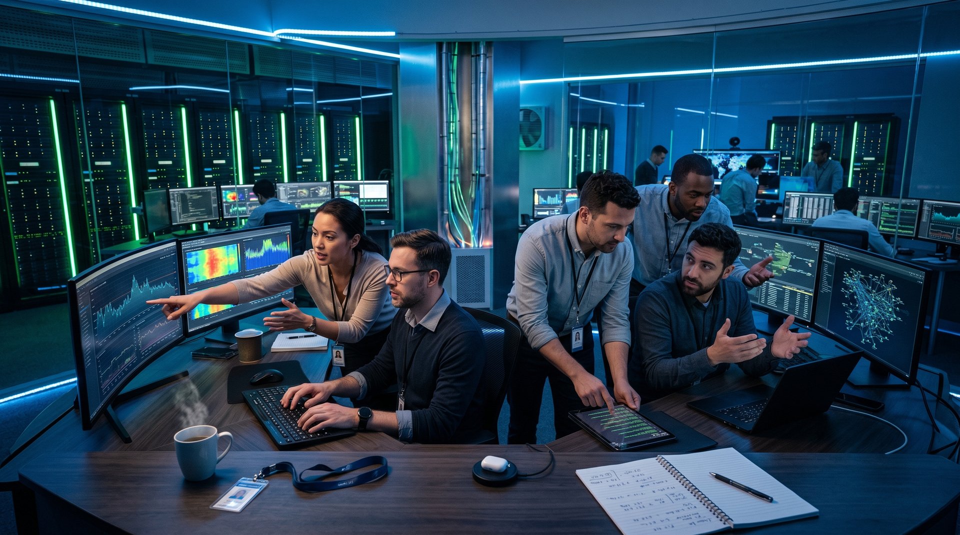 Engineers monitor Chainlink oracle metrics on multi-screen consoles in a high-security AWS data center operations room with server racks and fiber optics.