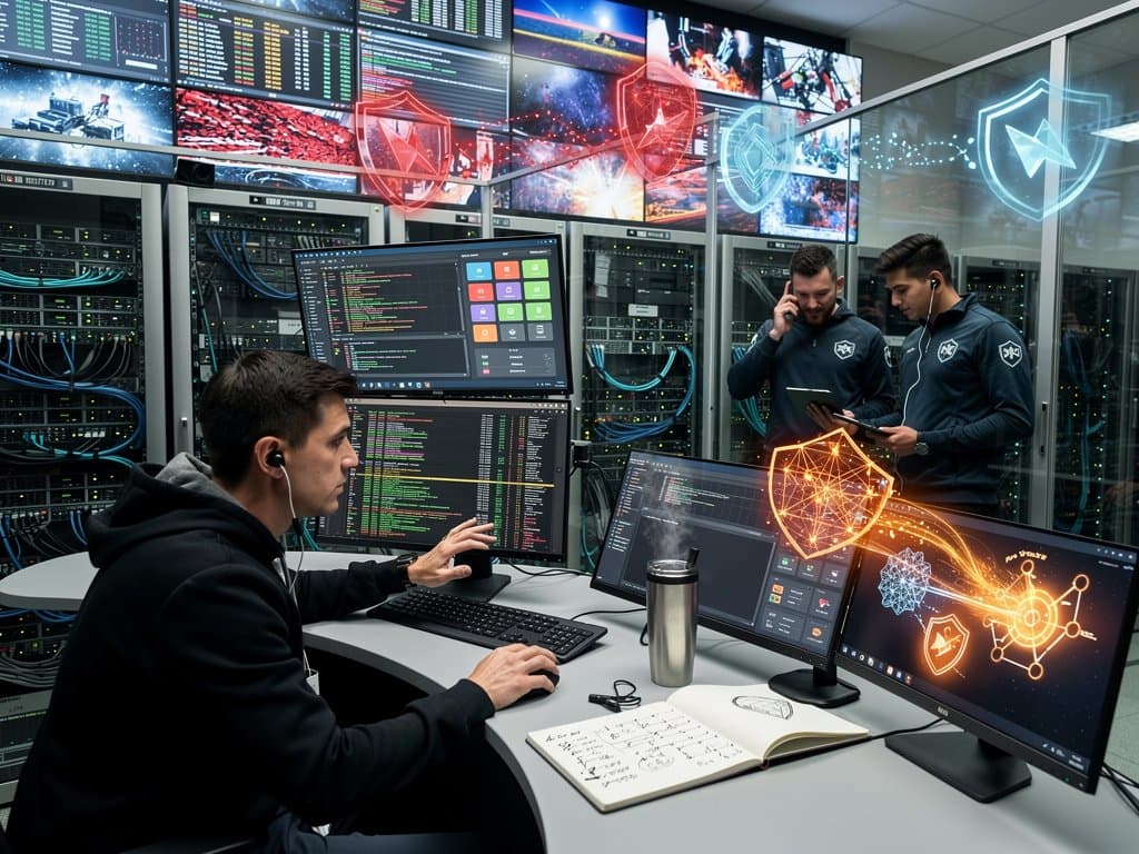 Cybersecurity team monitors defensive AI dashboards in high-tech data center amid crypto market volatility indicators