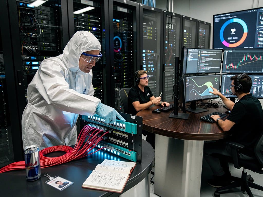 Engineers monitor AI cybersecurity dashboards and server racks in premium Tier IV data center amid network breach alerts.