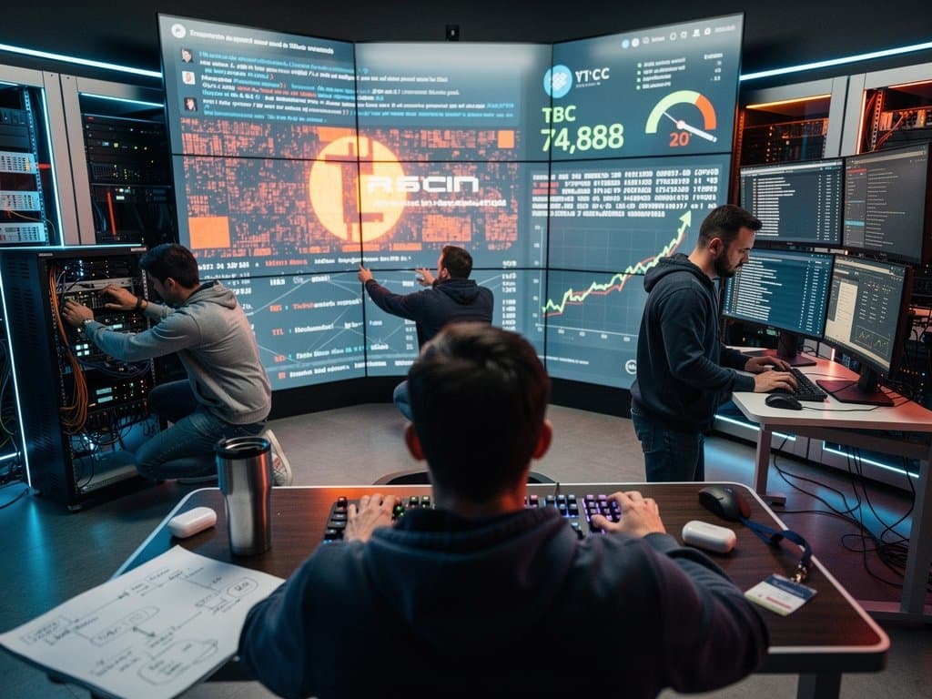 Engineers analyze AI chat logs and security dashboards on curved monitors in a high-tech operations center with server racks and collaborative workspace