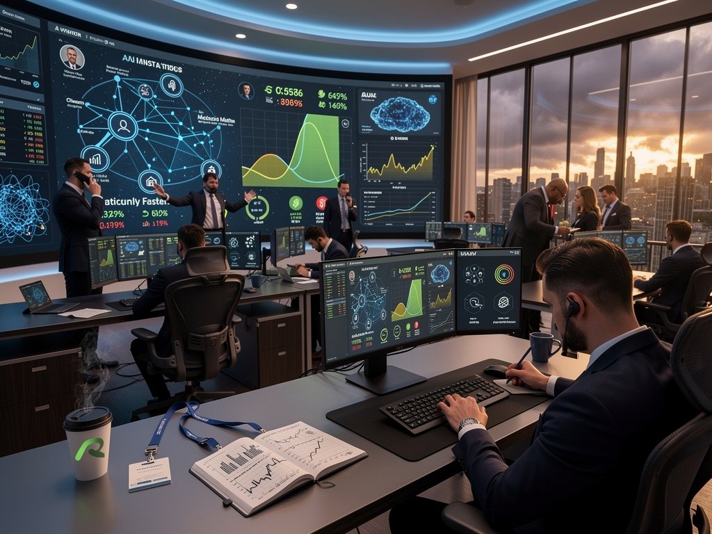 AI dashboard matching wealth advisors with client profiles amid crypto charts and Fear & Greed Index at 23 in fintech office