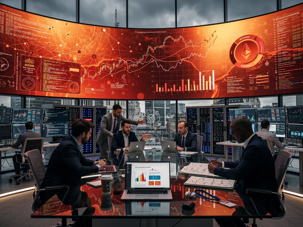 Regulators and analysts review AI risk graphs on large screens in Bank of England's high-tech stability center with City skyline view