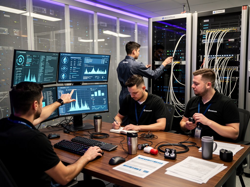Cybersecurity team analyzes crypto forensics data on multi-monitor stations in a secure data center with blockchain graphs and server racks