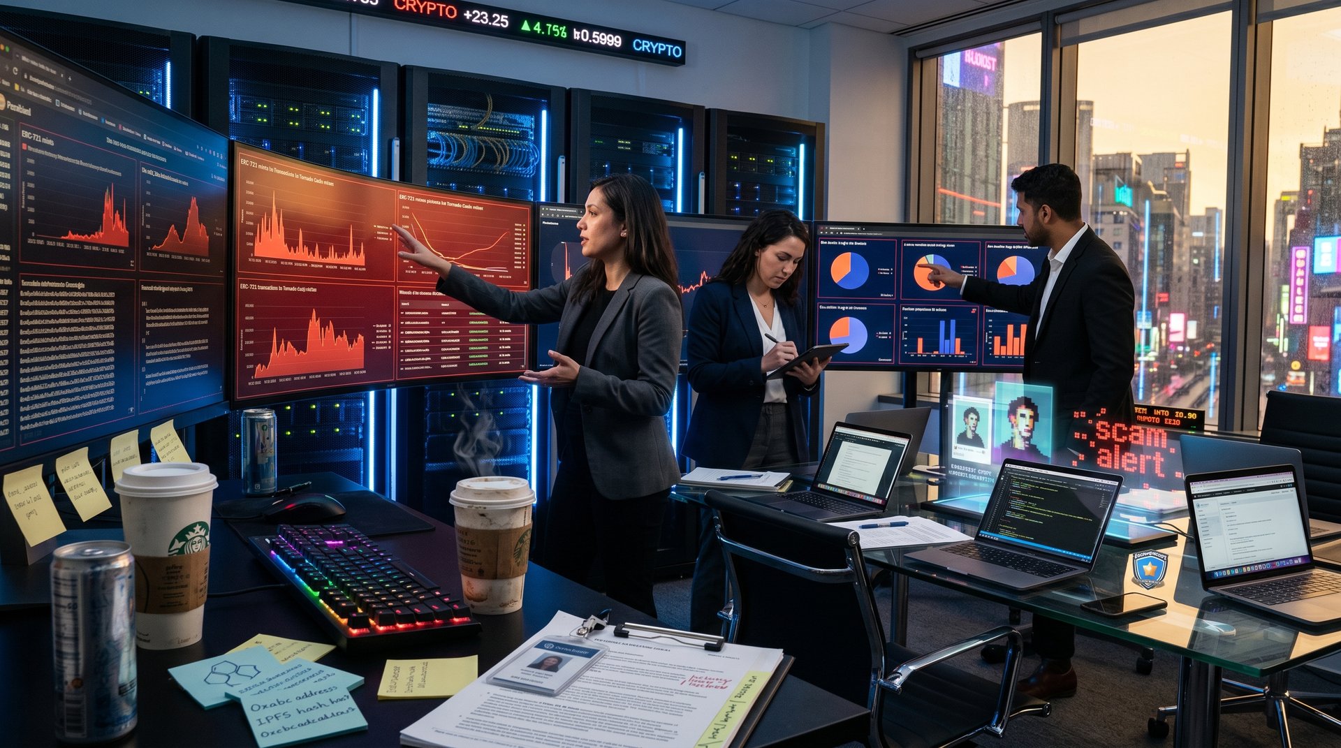 Blockchain forensics team analyzes NFT scam transactions in high-tech lab with graphs, code, and market data displays