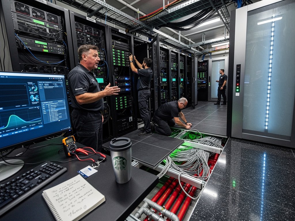 Technicians service GPU racks in busy Tier IV data center with raised floors, LED lights, and AI workload screens