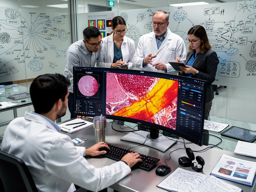 AI team reviews TURBT specimen heatmap on monitor in high-tech pathology lab