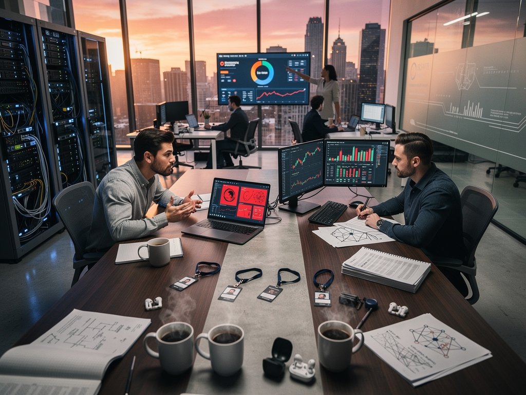 AI cybersecurity startup team reviews midterm strategies and crypto charts in high-tech office with ML dashboards