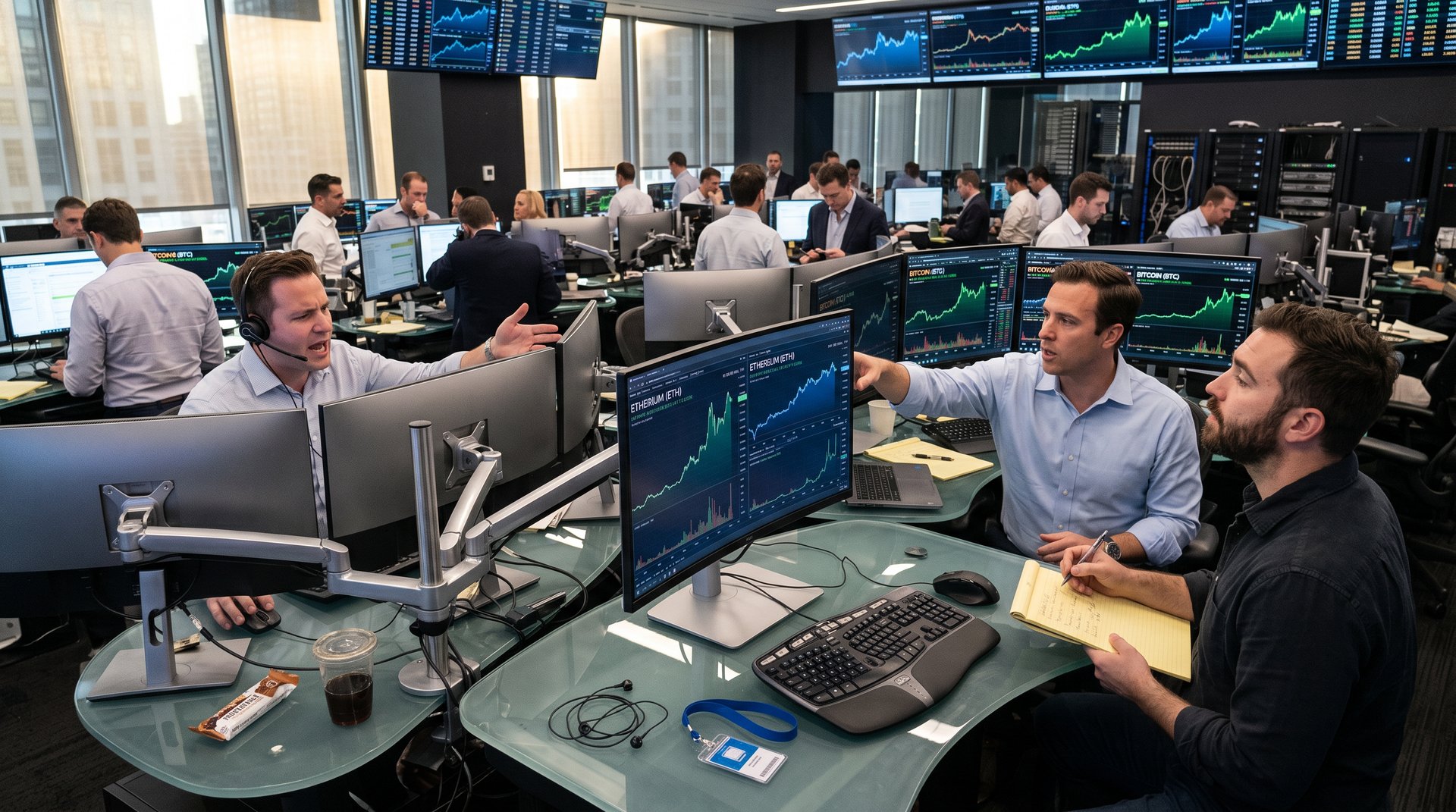 Trading floor with screens showing ETH price at $2,435 and green crypto charts under modern lighting