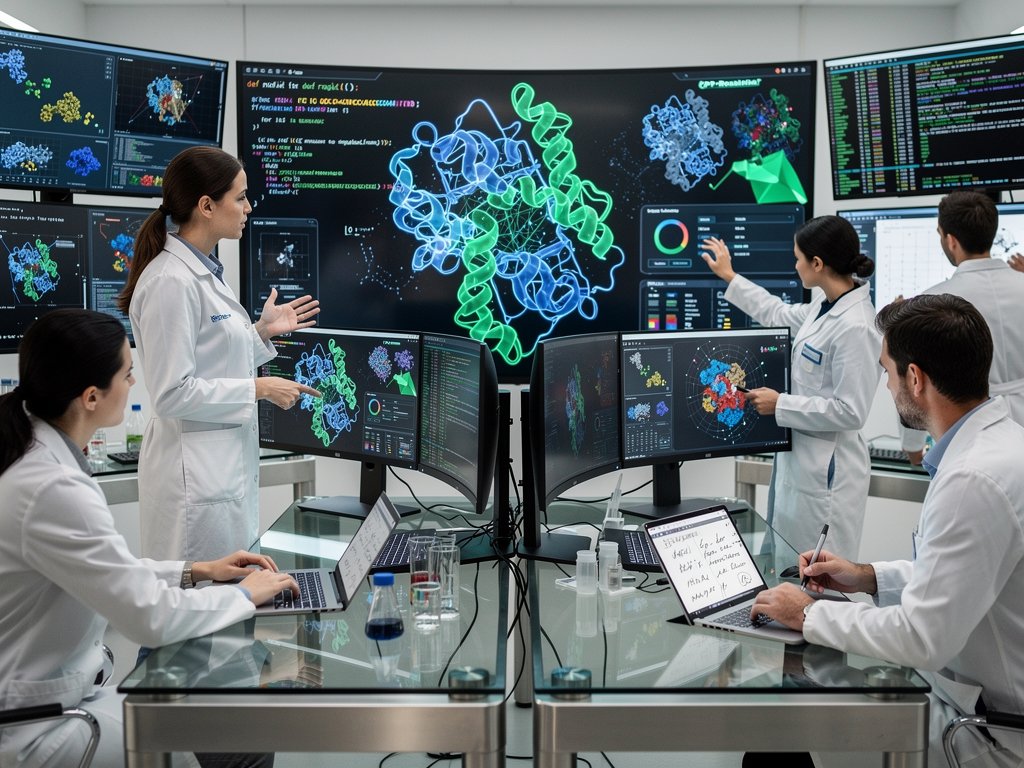 AI-biotech fusion: 3D protein models, genomic sequences, and BTC charts on displays in high-tech lab workspace.