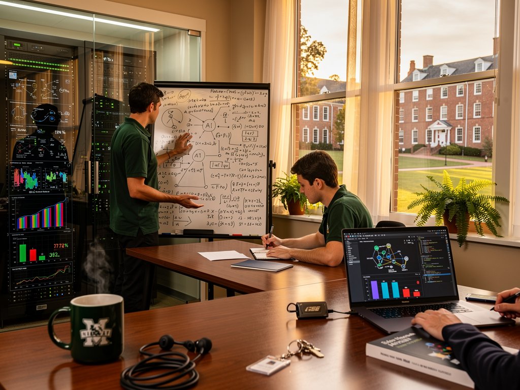 William & Mary lab setup with monitors showing neural networks, benchmarks, and Bitcoin price surge