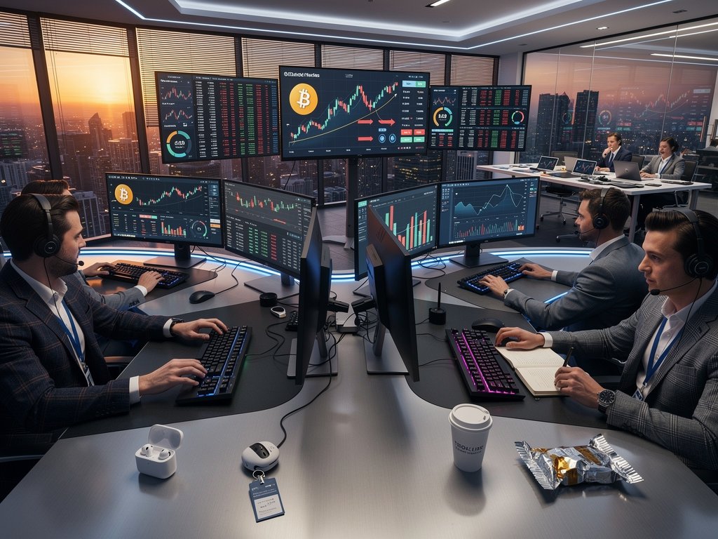 Trading floor analysts monitor Bitcoin at $77,213 on multi-screens with market data and skyline view