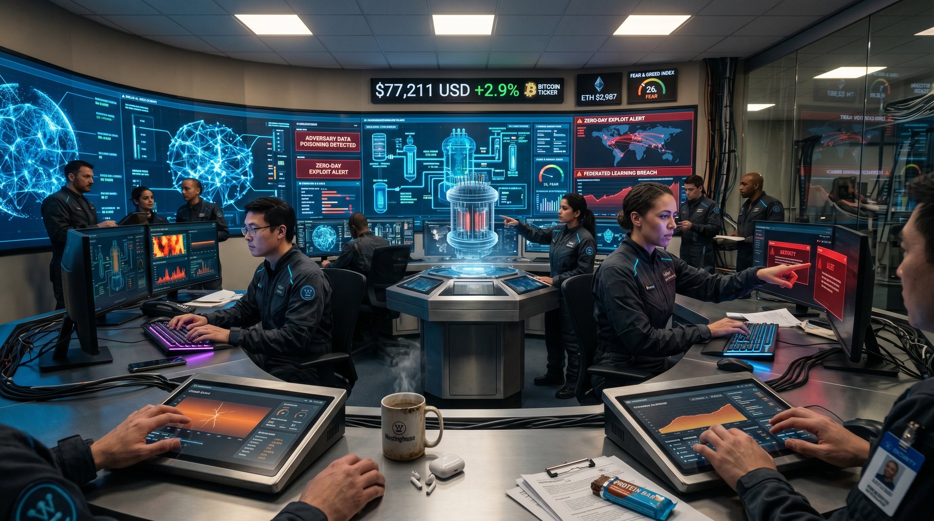Holographic AI nuclear reactor analysis with cybersecurity alerts and Bitcoin ticker in futuristic control room