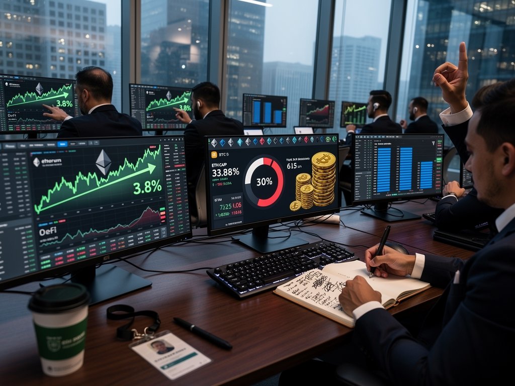 Fintech trading floor showing Ethereum price at $2,418.67, green charts, market data tables, and skyline view